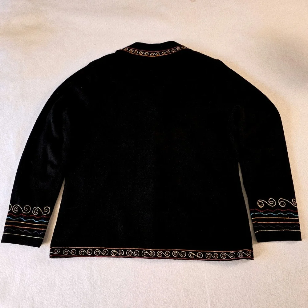 Jack B. Quick Floral Embroidered Knit Cardigan Black Ramie Cotton Sweater M